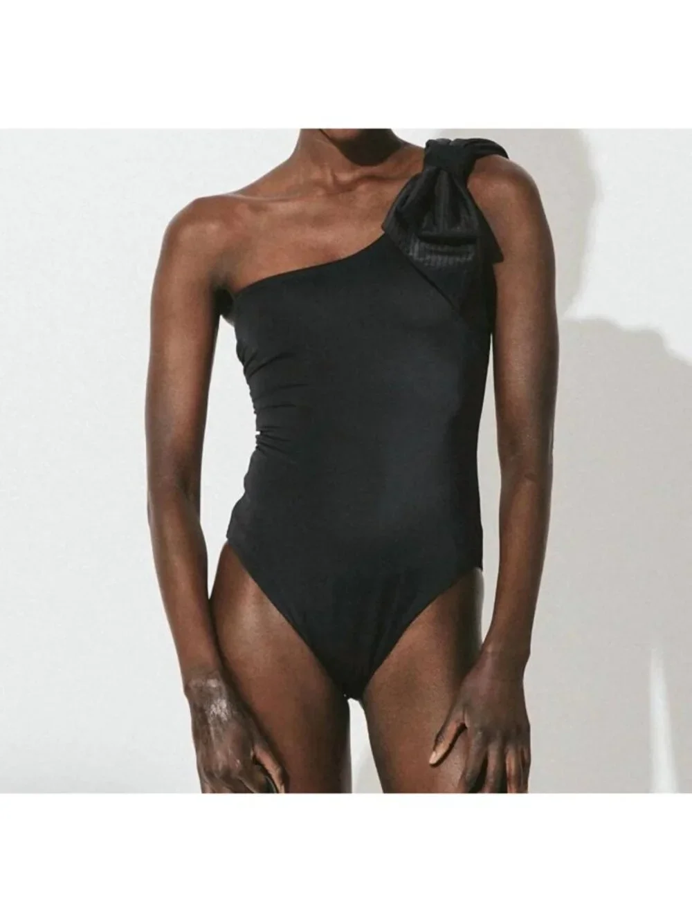 Cleobella Inga Black Bow Detail One Shoulder One Piece Bathing Suit Size Medium